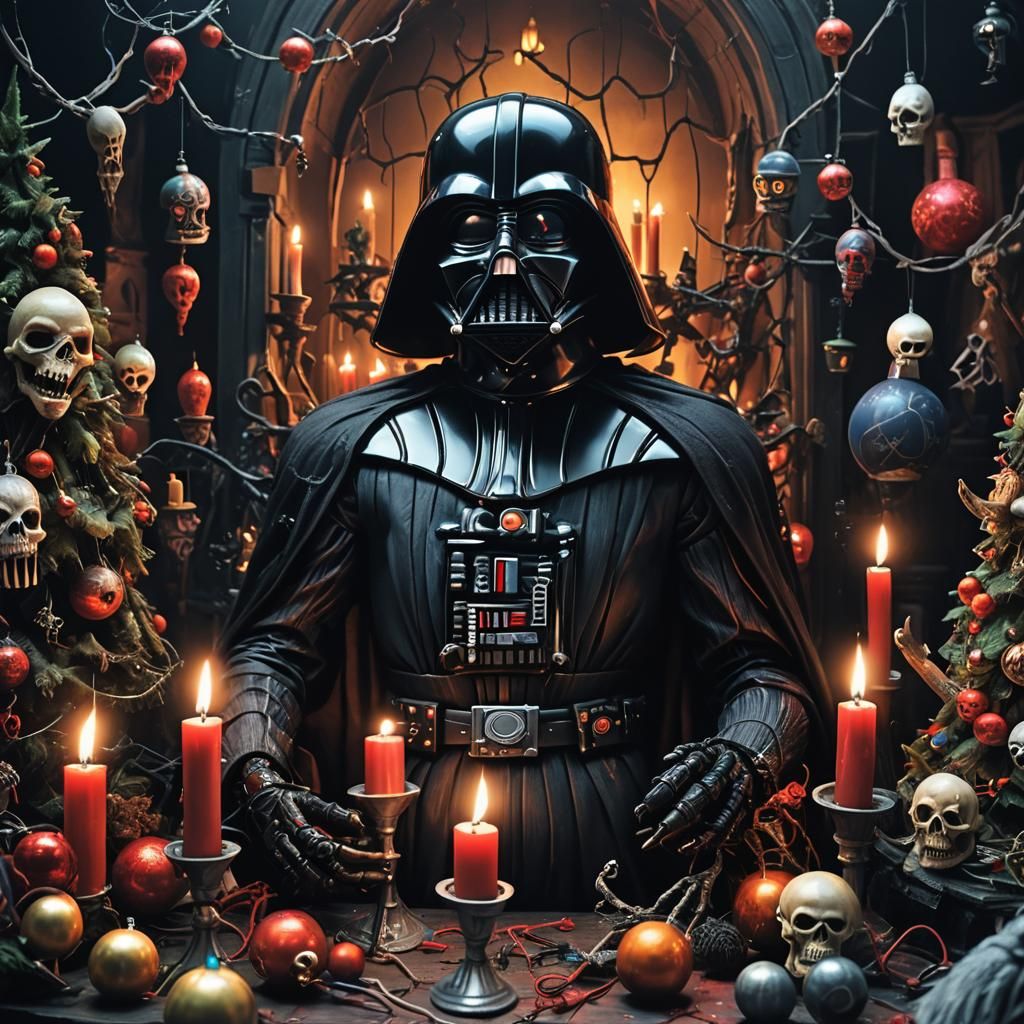 Grotesque Darth Vader Puppet in Dark Christmas Scene