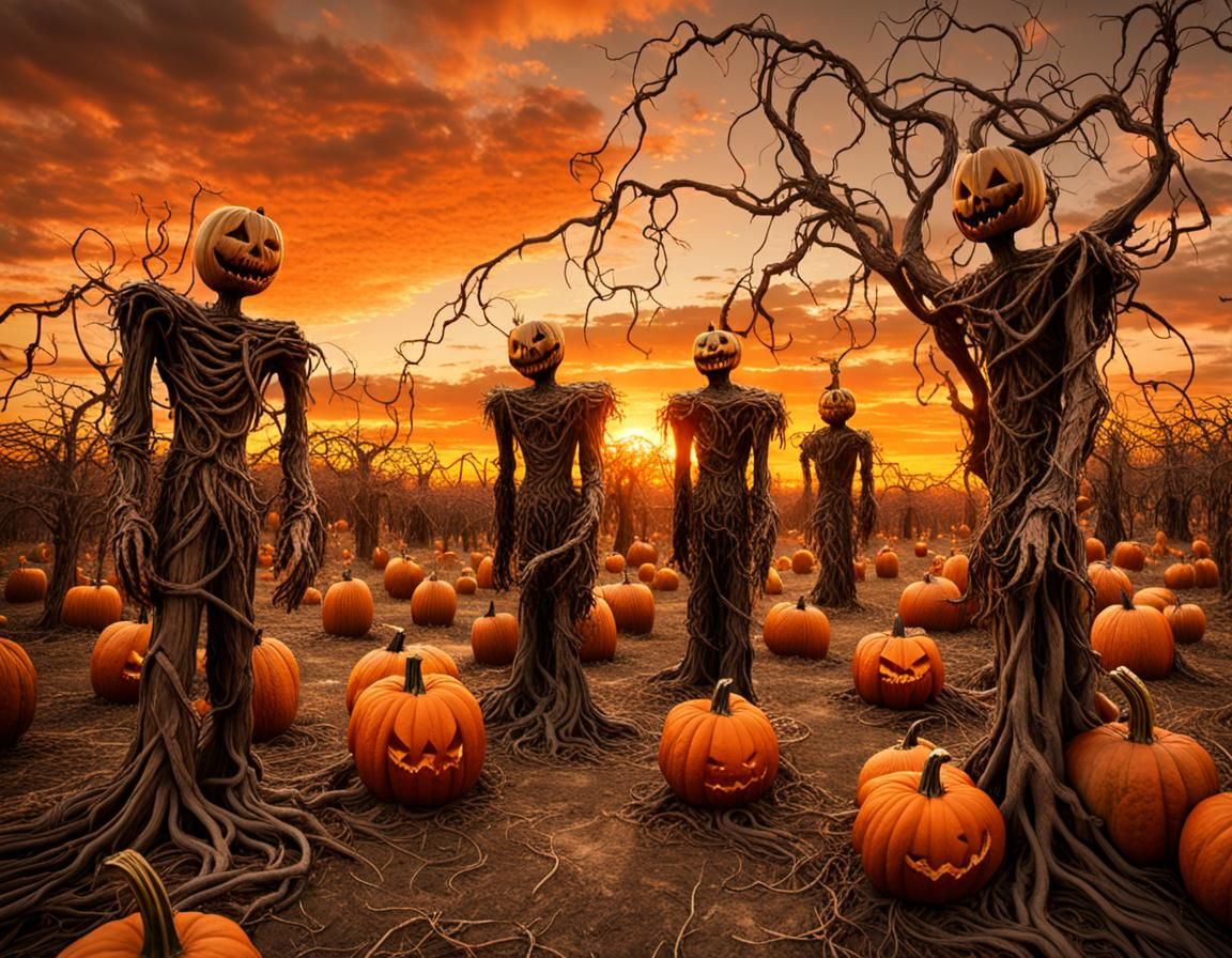 Eerie Scarecrows Guard Haunted Pumpkin Patch in Fauvism Styl...