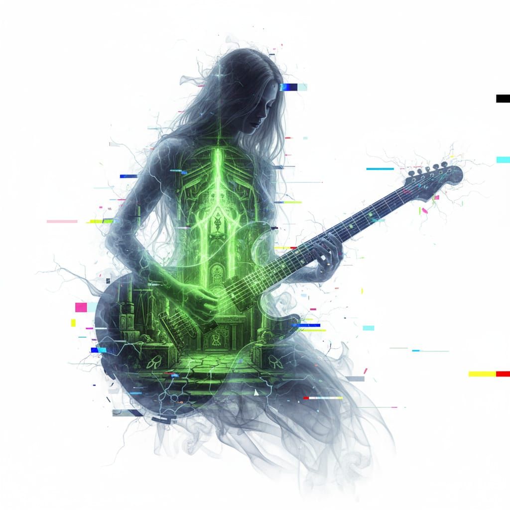 Ethereal Guitar Portrait in Glitch Art Style