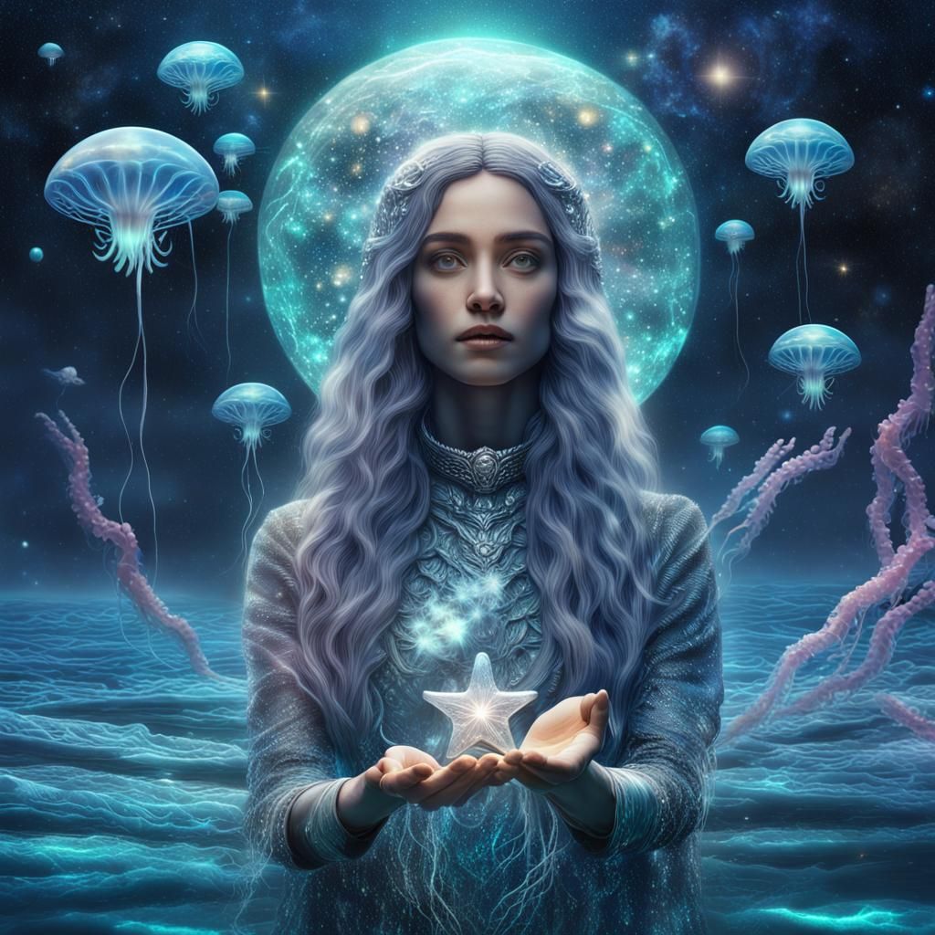Silver Space Mermaid with Jellyfish in Cosmic Illustration