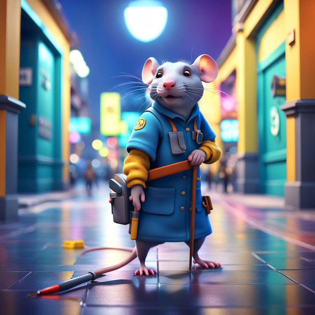 Vibrant 3D Animation of Janitorial Rat in Bustling City Squa...