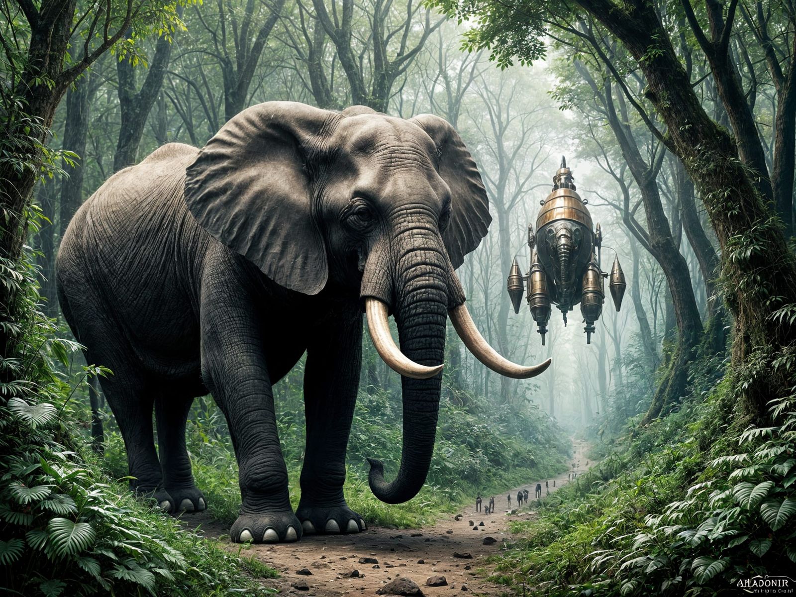 Steampunk Rocket and African Elephant in Jungle