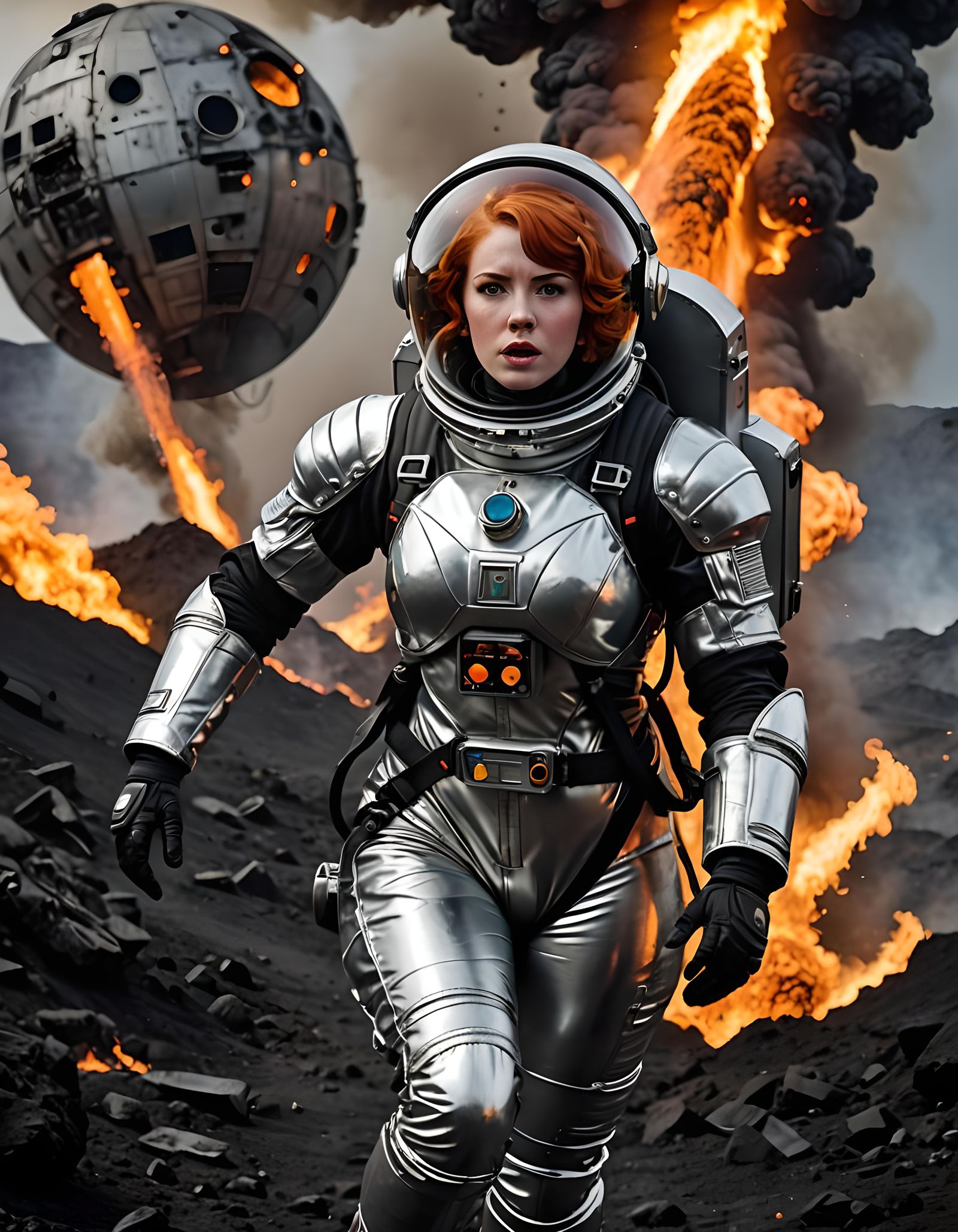 Redhead Astronaut Running on Volcanic Planet in 8K