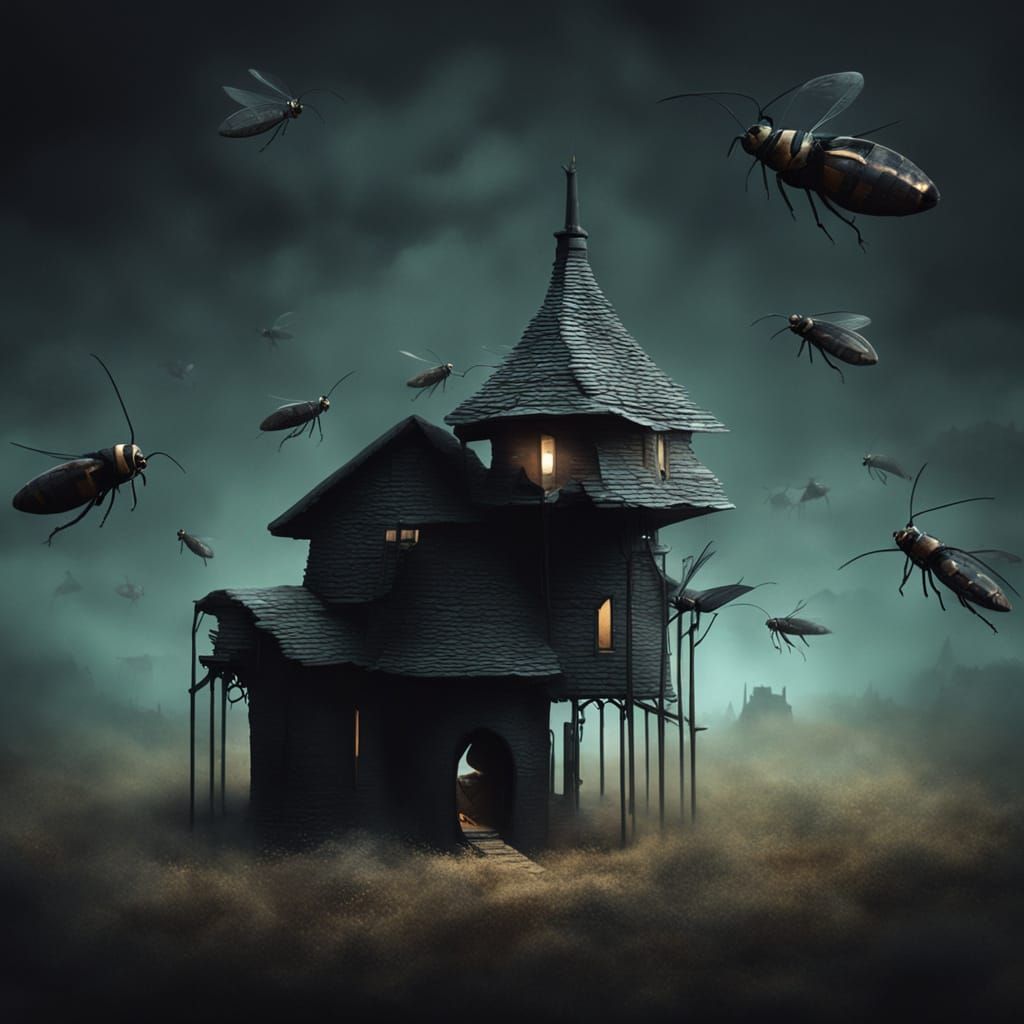 Eerie Surrealist Dog House in Dark Fantasy Style
