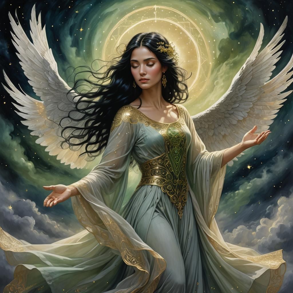 Ethereal Woman with Celestial Script in Dreamlike Setting