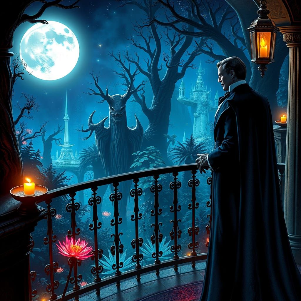 Dracula on Moonlit Balcony Overlooking Enchanted Forest