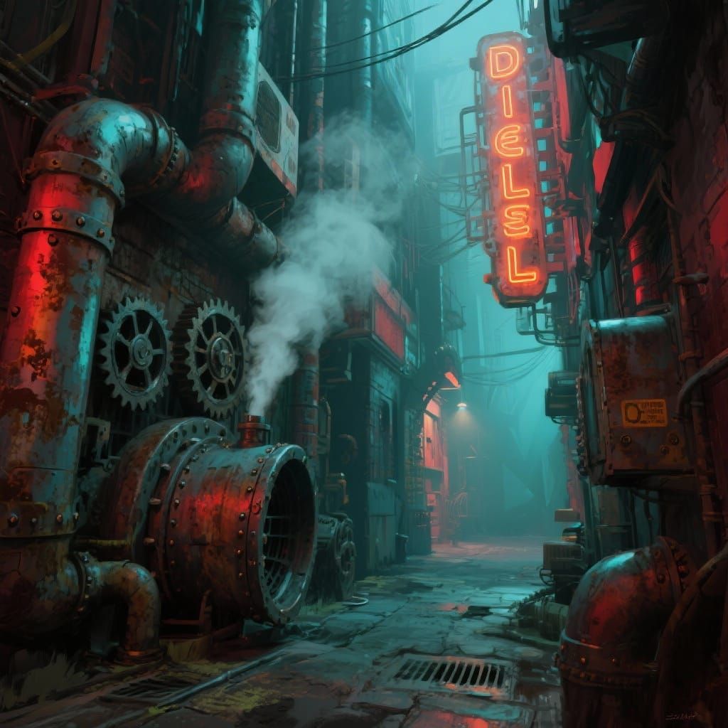 Dieselpunk Alley with Steam and Neon