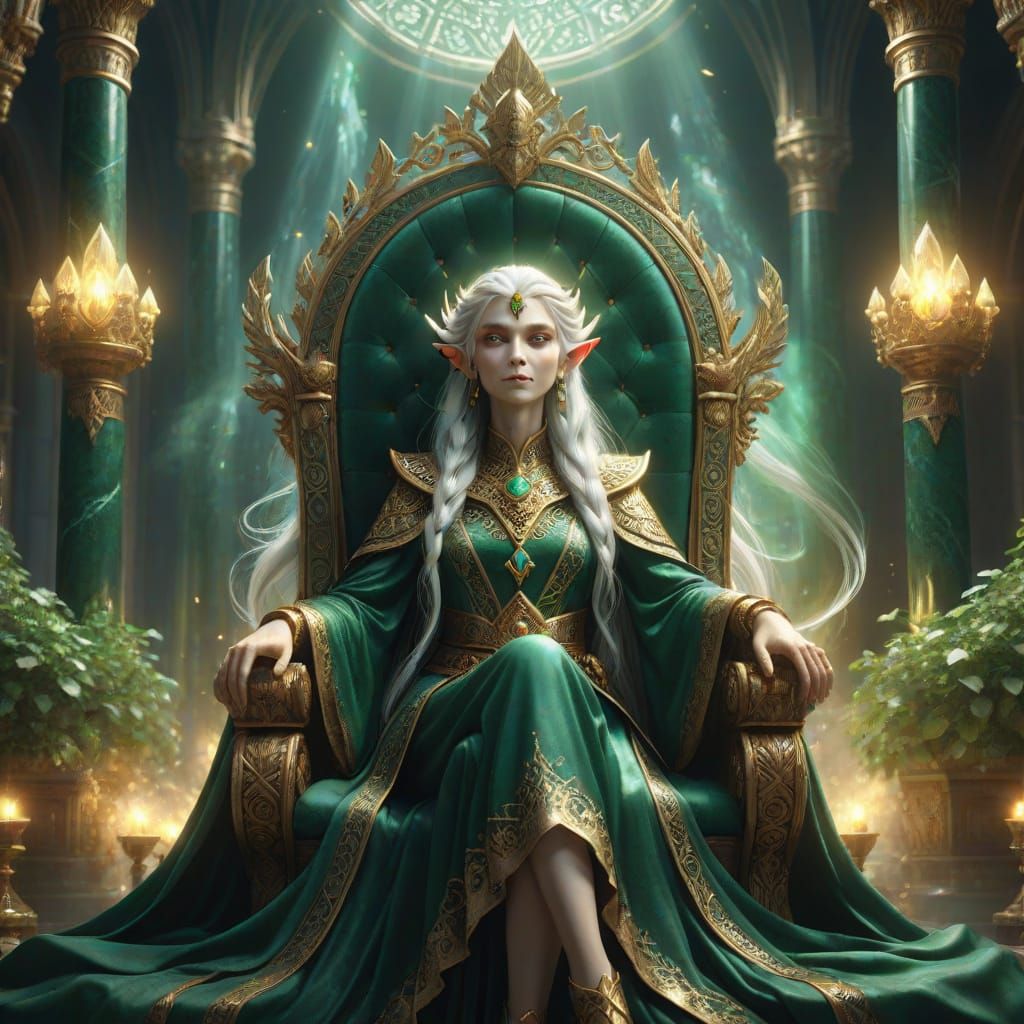 Ethereal Elf Queen in Emerald Throne Room