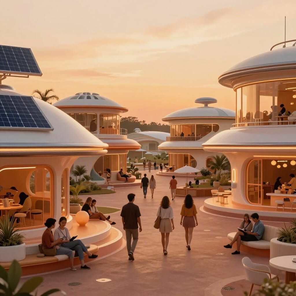 Retro-Futuristic Community Scene at Golden Hour