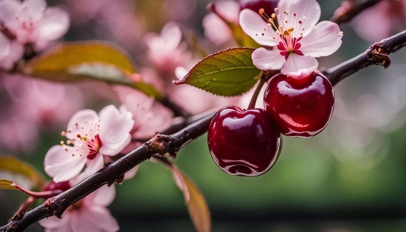 Macro Cherry Branch with Blossoms in Japanese Garden