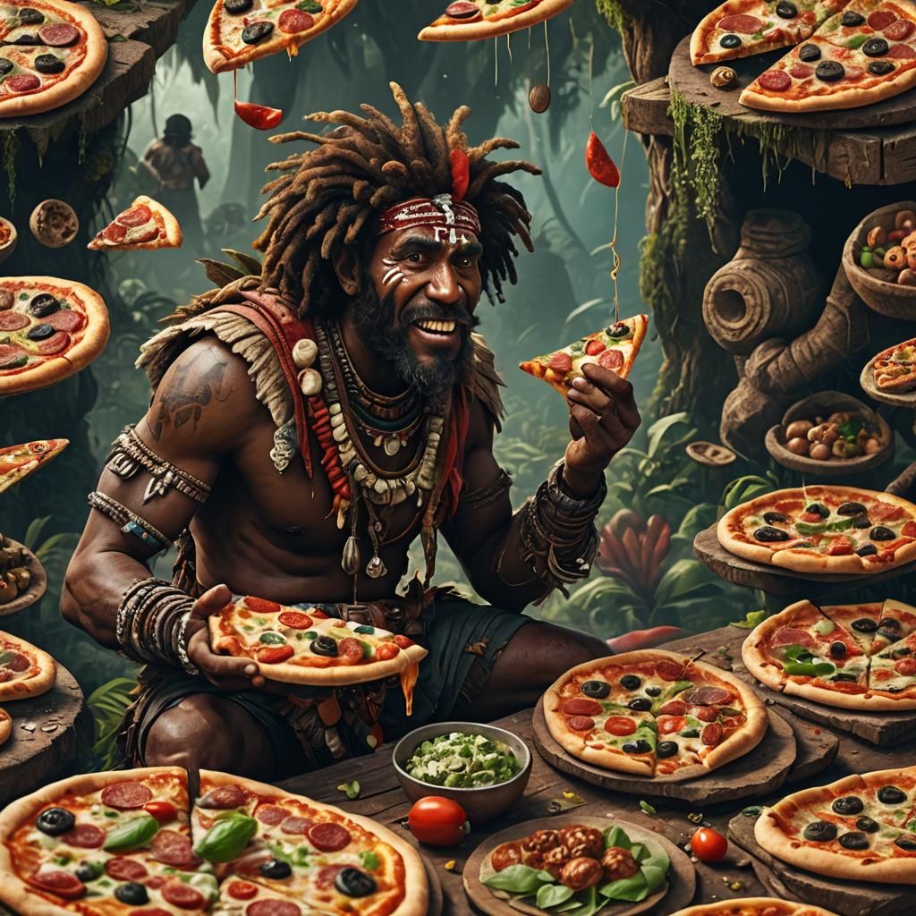Papuan Man Eating Pizza: Detailed Fantasy Art