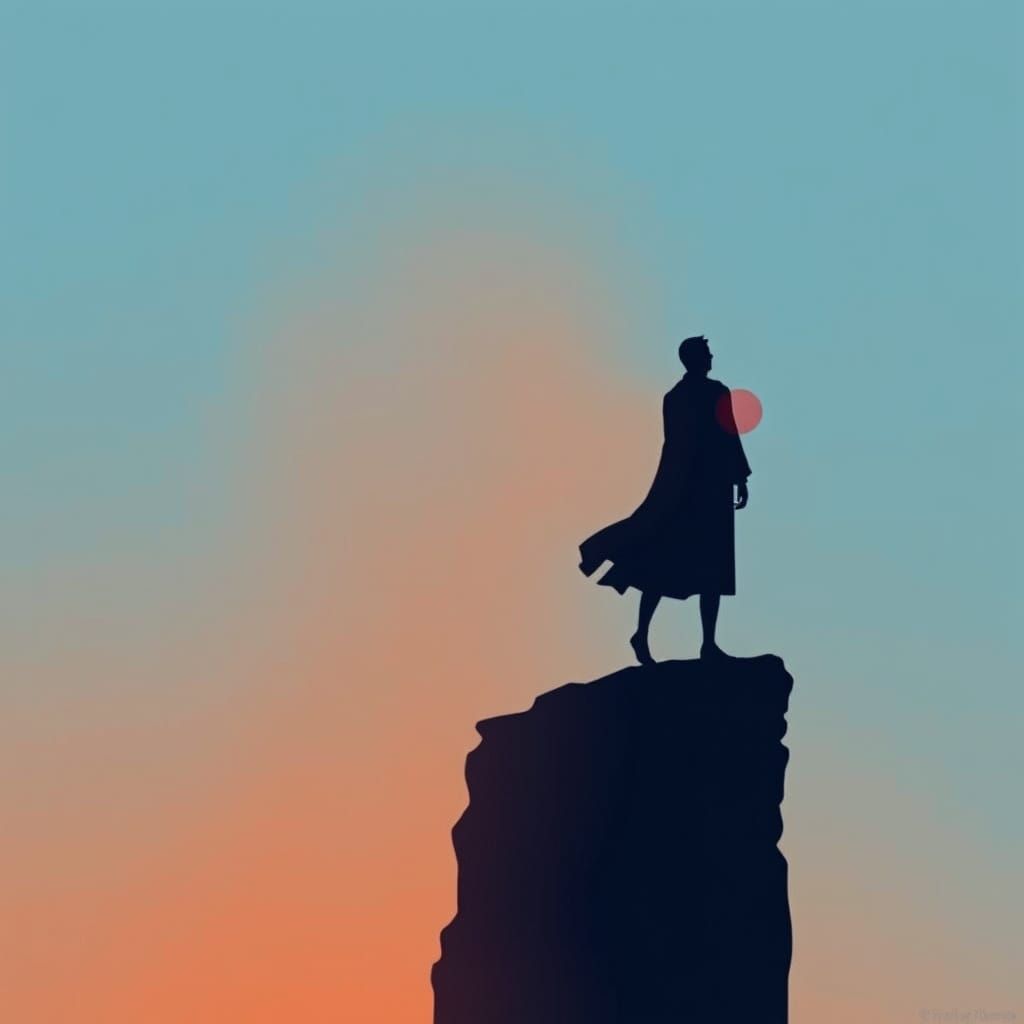 Silhouette on Cliff Edge in Retro-Futuristic Style