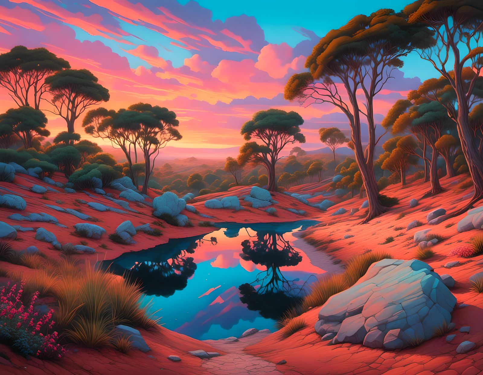 Australian Sunset Landscape with Wildflowers