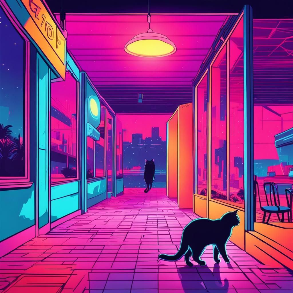 Cat Enters a Bright Synthwave World