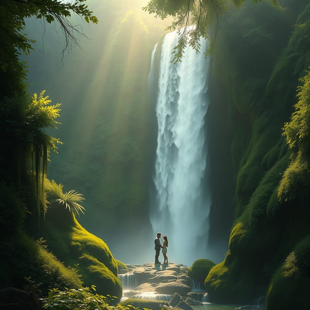 Romantic Serene Waterfall Hideaway with Sunlight