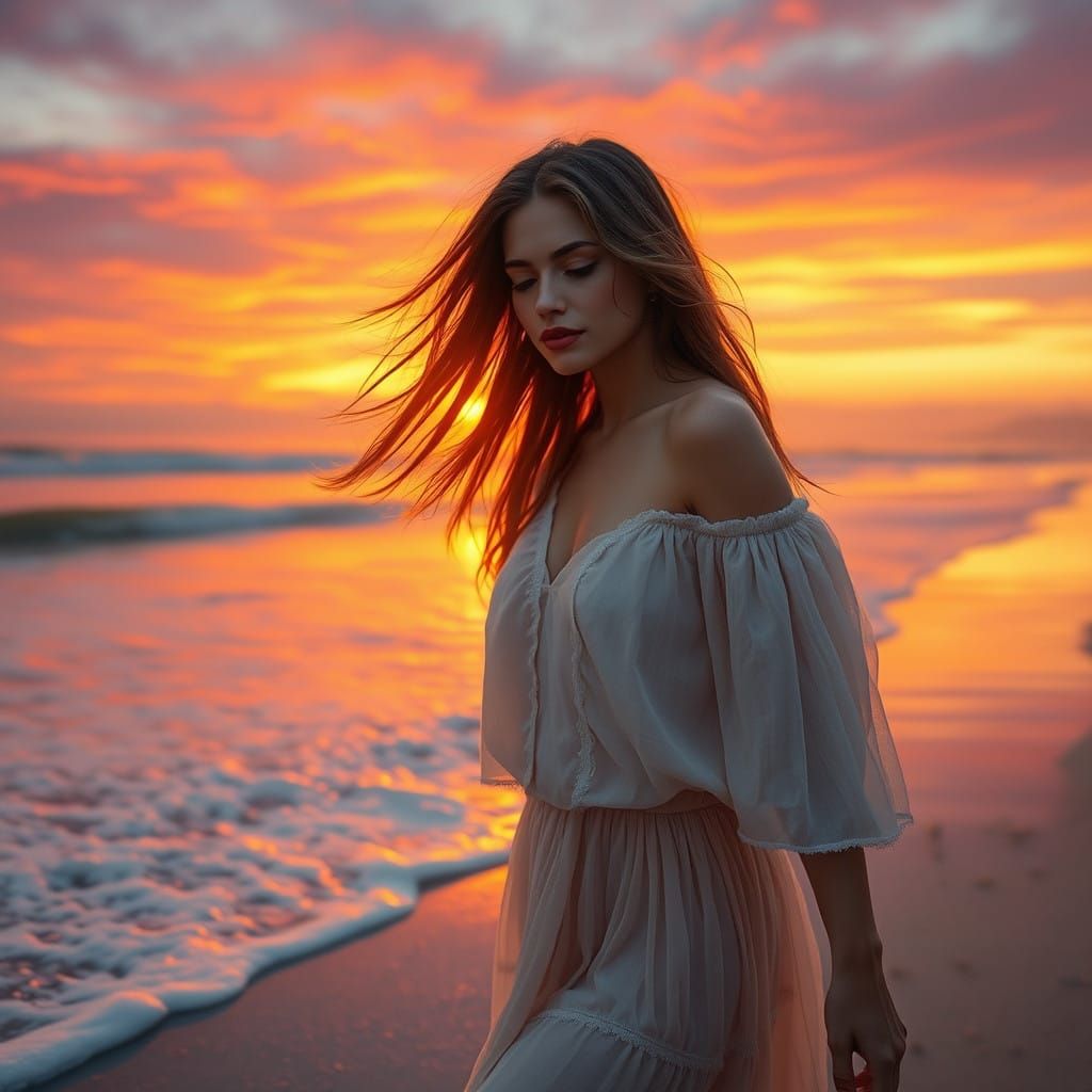 Ethereal Beach Goddess Emerging from Sunset Glow
