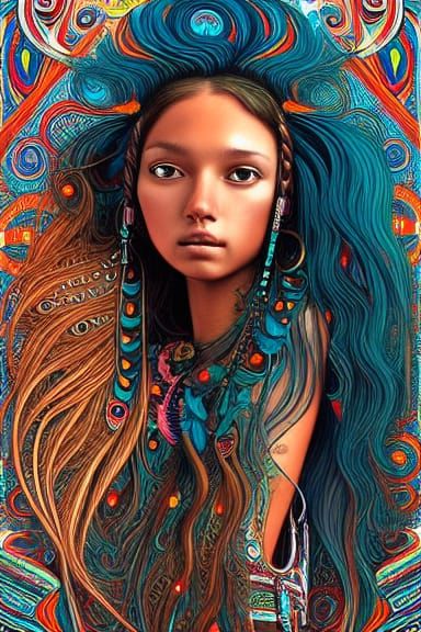 Native American Woman in Rain, Hyperdetailed Digital Art