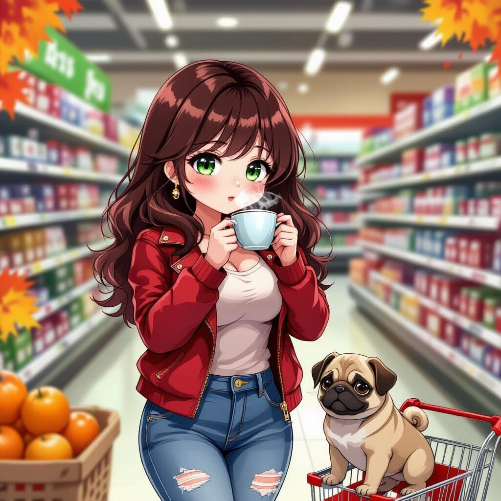 Anime Woman With Pug in Supermarket, Autumn Drawing Style