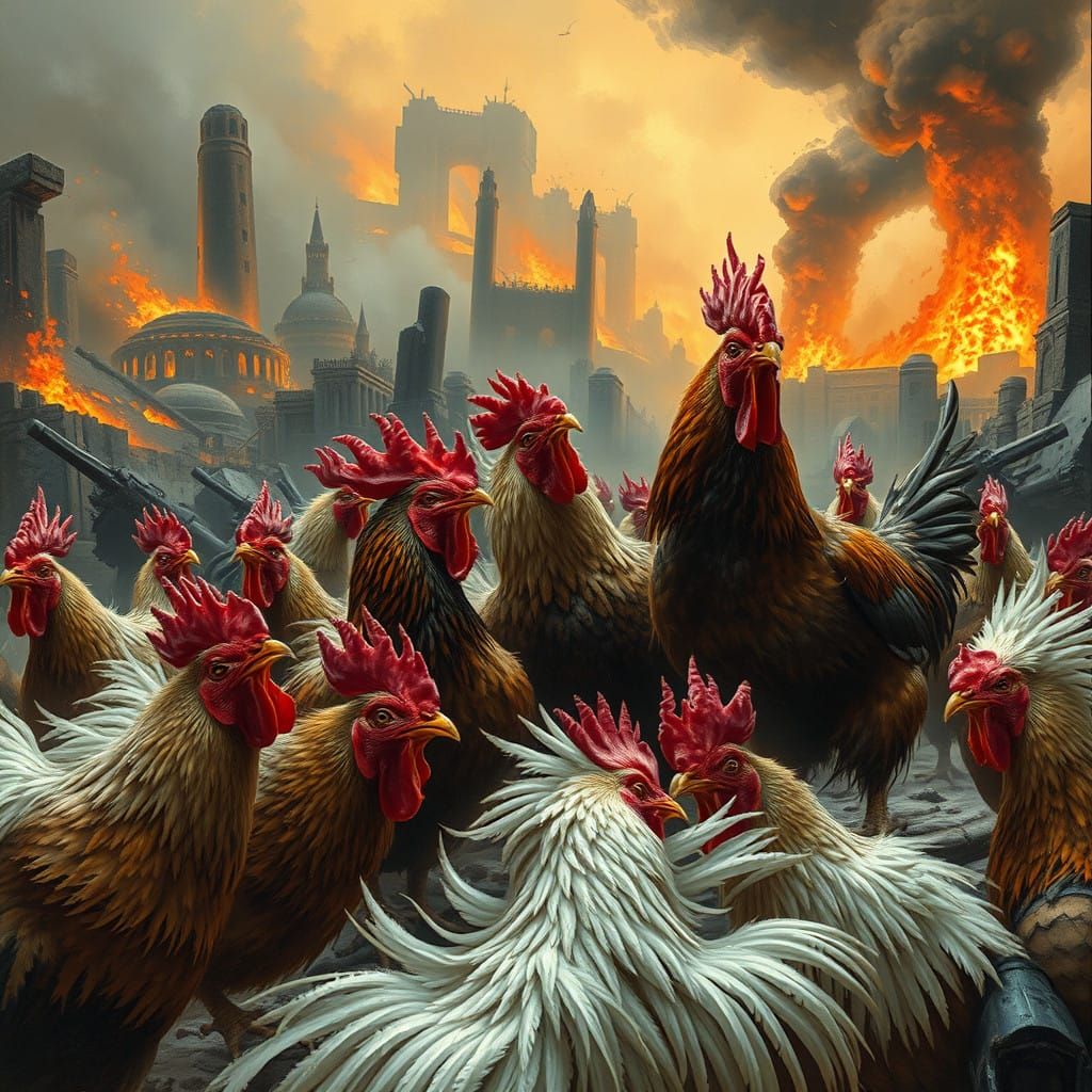 Fantastical Chickens Engage in Epic Battle Amidst Ruins