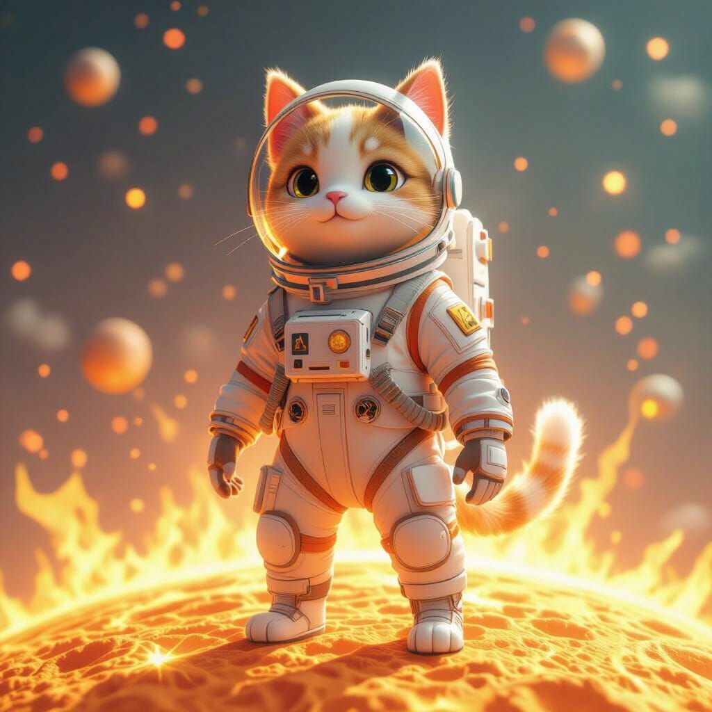 Dog-Cat Hybrid Astronaut on the Sun in Anime Style