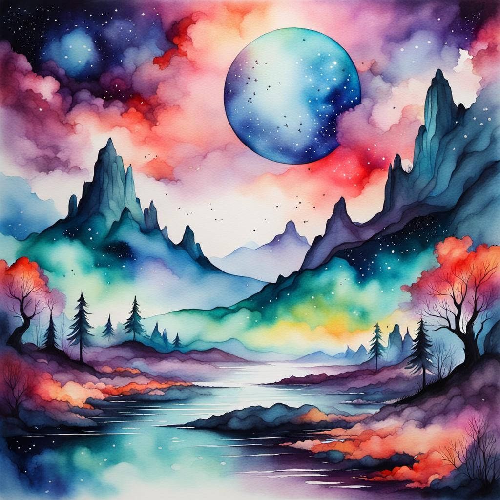Ethereal Fantasy Landscape in Watercolor with Nebula