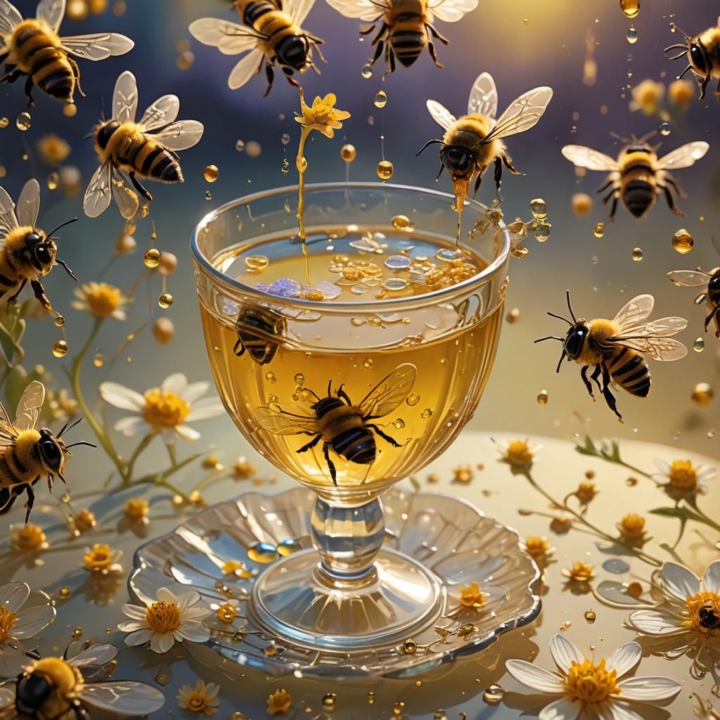 Bee Sipping Drink, Macro Oil Painting