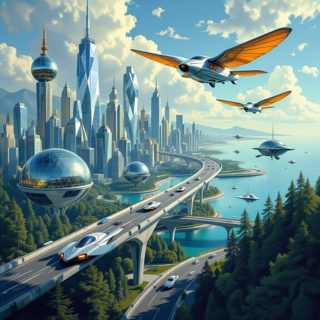 Flying Cars Over Bayside City in Surrealist Style