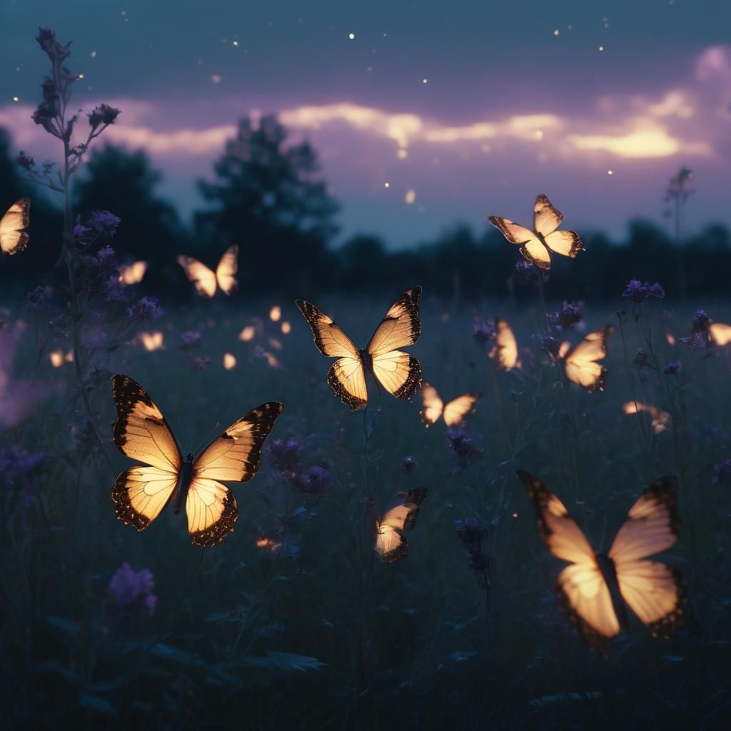 Glowing Butterflies in Starry Night, Cinematic Style