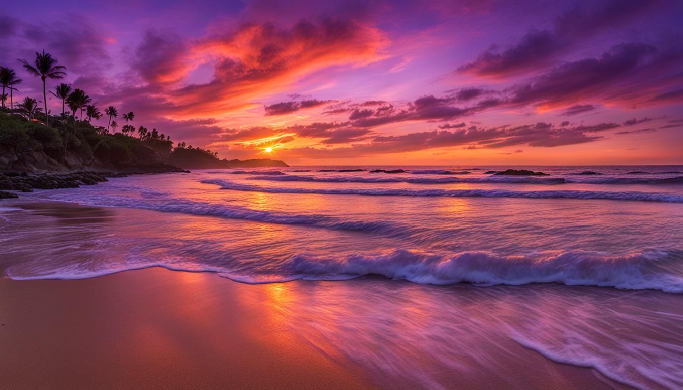 Stunning Beach Sunset with Purple, Gold, Coral Sky