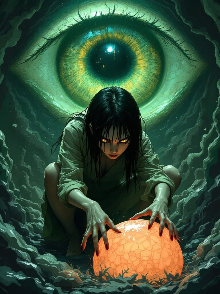 Eerie Girl Reaches for Glowing Orb in Surreal Landscape