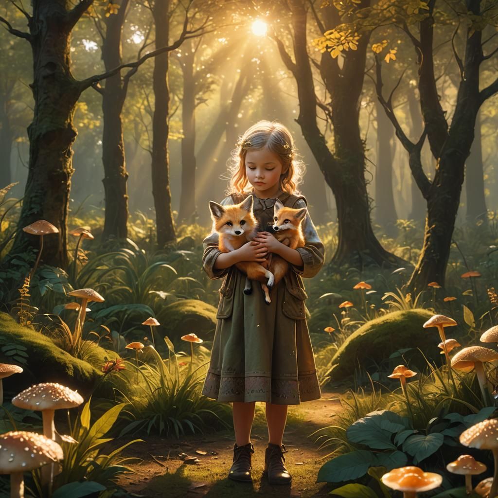 Girl with Fox Kit in Fantasy Forest Glade