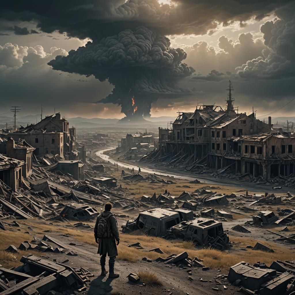 Solitary Figure in a Detailed Post-Apocalyptic Landscape