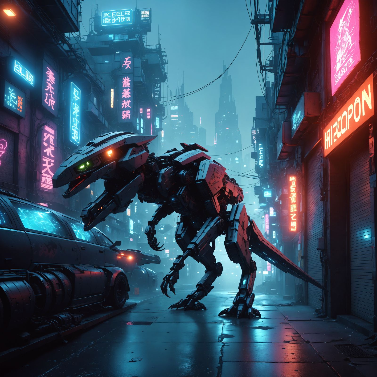 Cybernetic Raptor On the Prowl in Chiba City Sprawl