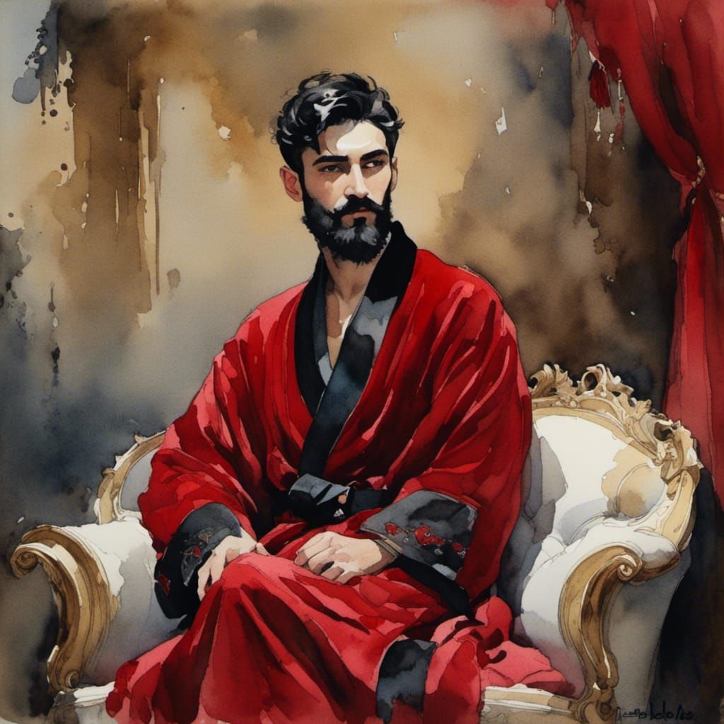 Elegant Young Man in Red Velvet Bathrobe Portrait