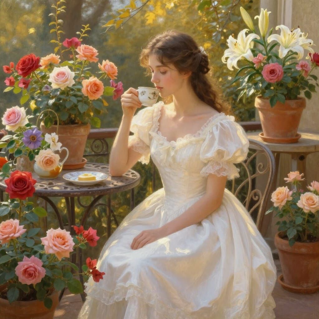 Princess Enjoys Coffee on Floral Terrace in Romantic Oil Pai...