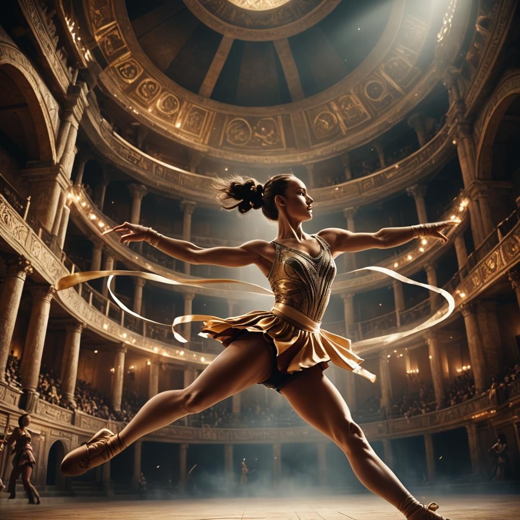 Rhythmic Gymnast in Mystical Arena: Cinematic Still