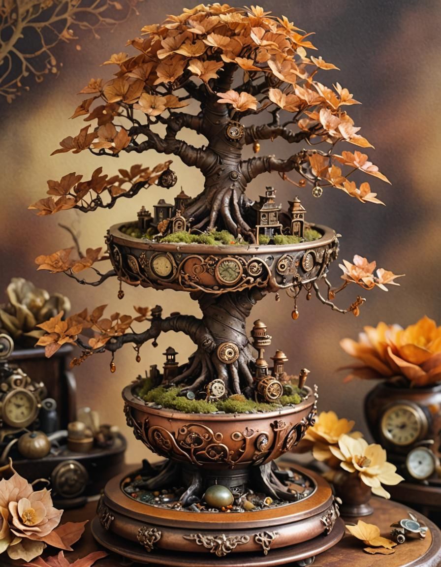 Steampunk Bonsai Autumn Arrangement in Watercolor Style