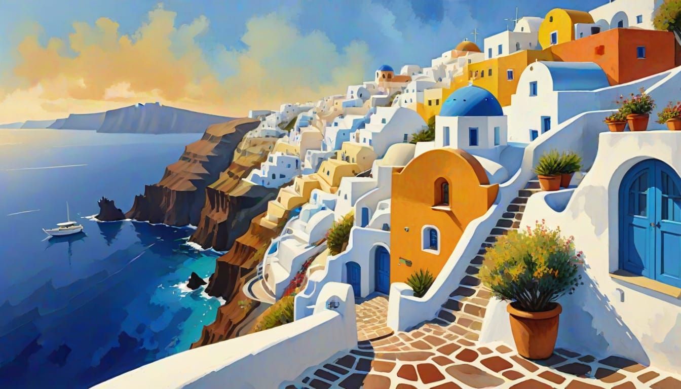 Santorini Sea View in Gouache Watercolor Style