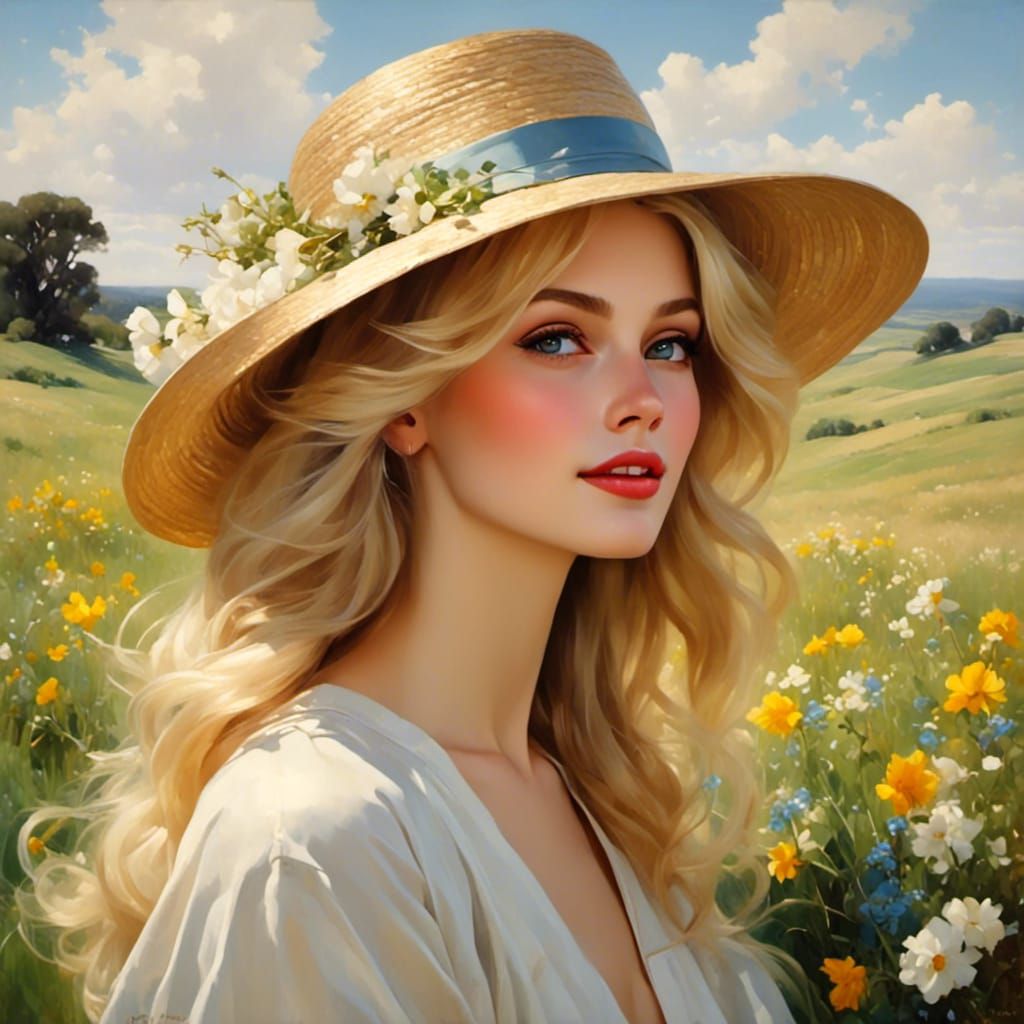 Dreamy Blonde in Spring Meadow with Flowers