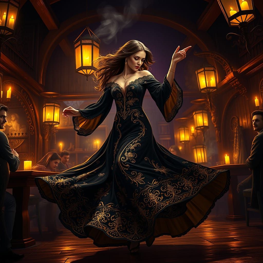 Mystical Tavern Dance in Dark Fantasy Style