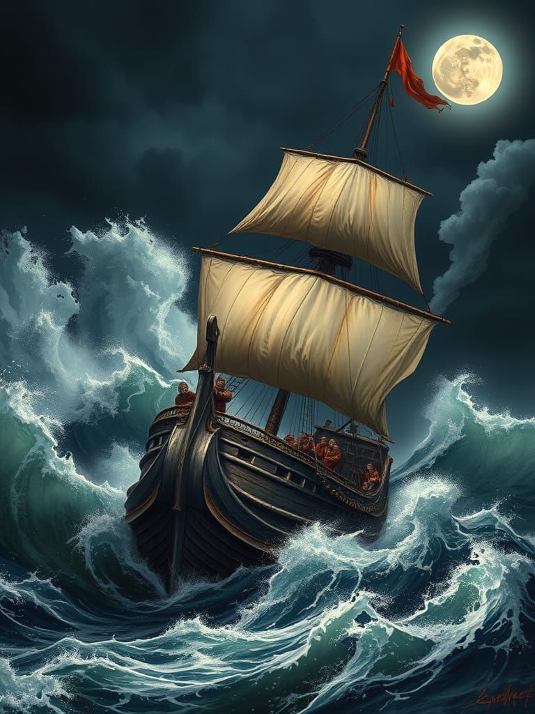 Medieval Sailing Vessel Battles Tempestuous Sea in Moonlit S...