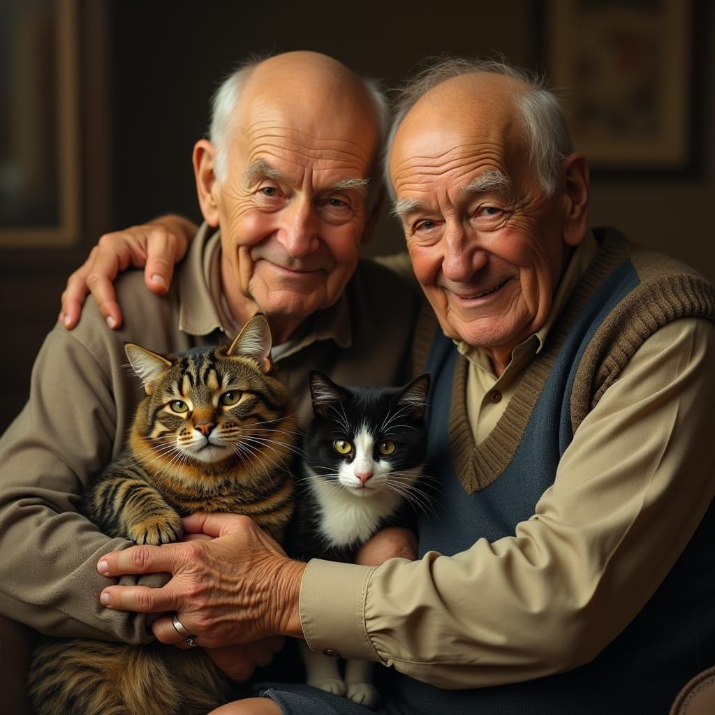 Warm Elderly Gentlemen Comfort Two Whiskered Friends