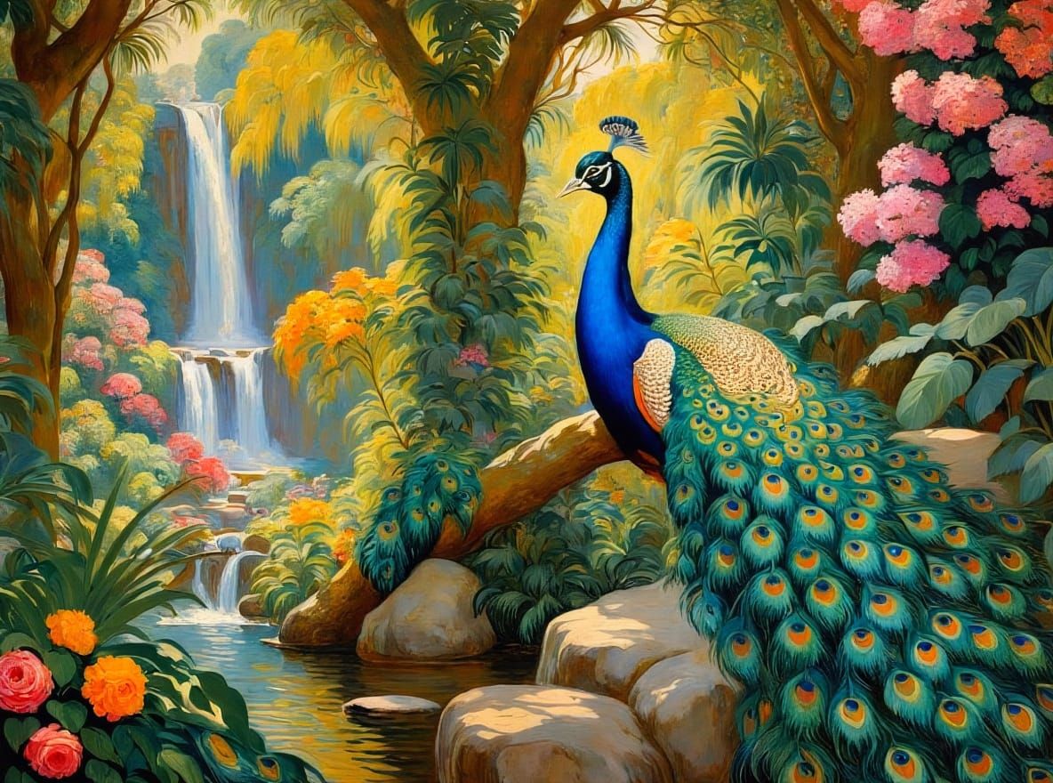 Peacock in Eden Garden Waterfall: Maximalist Lithography