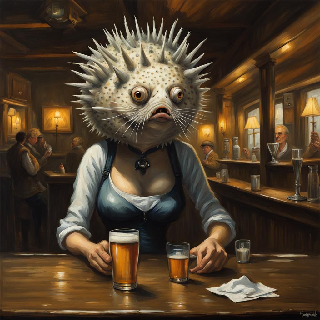 Puffer fish lady in a pub