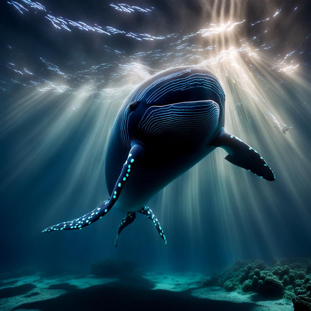 Luminescent Glass Whale in Ocean Depths