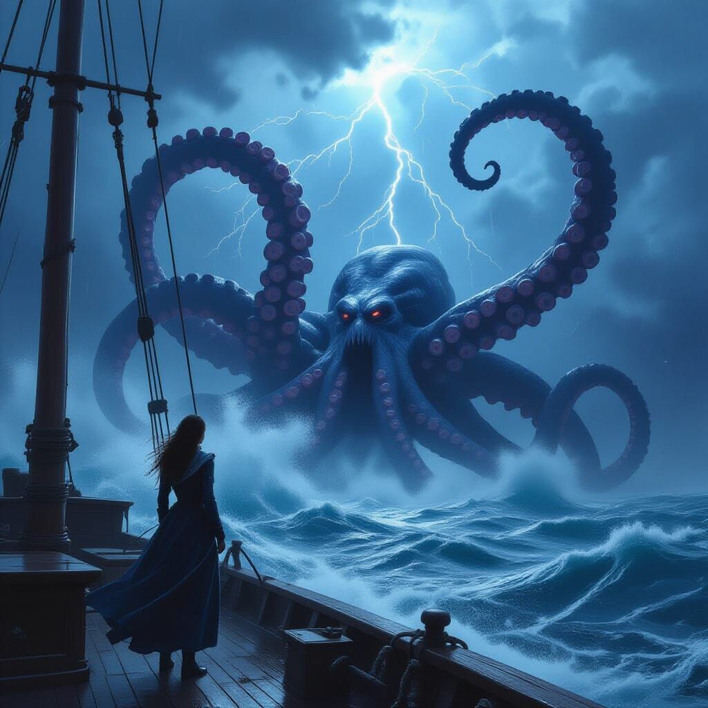 Sailor Battles Kraken in Stormy Seas: Hyperrealistic Digital...