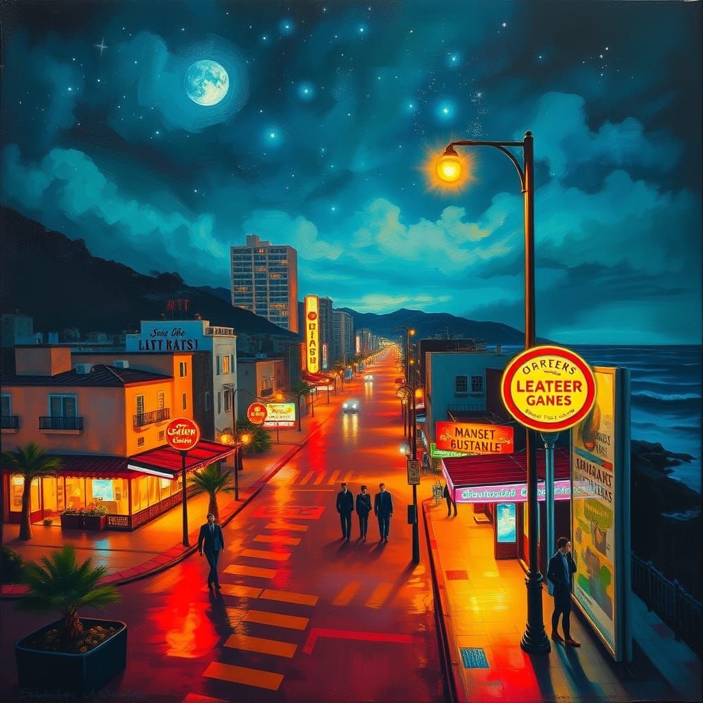 Enchanting Seaside Boulevard at Night in Expressive Oil Styl...