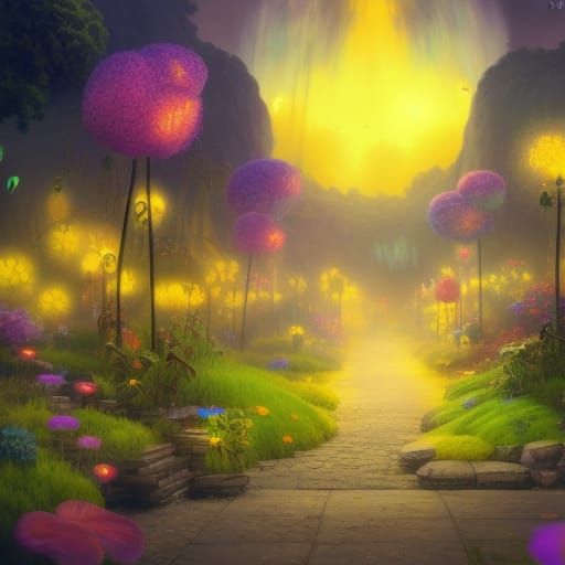 Dreamy Bioluminescent Fairy City Shines with Vibrant Yellow...