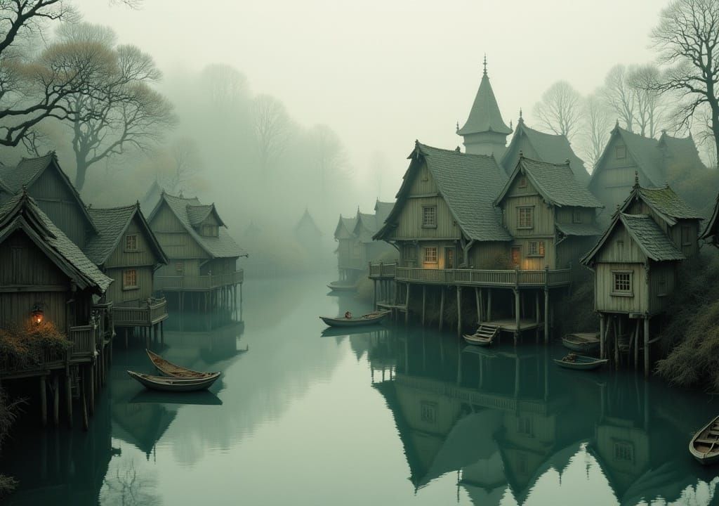 Half-Timbered Houses on Lake in Morning Fog