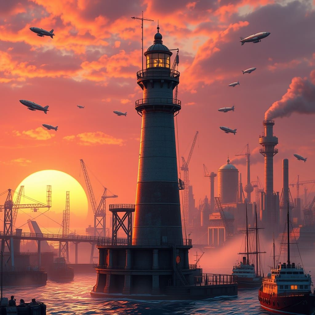 Dieselpunk Lighthouse in Retro-Futuristic Harbor City
